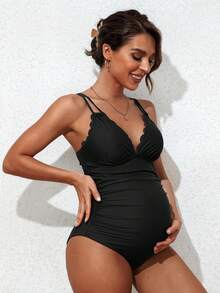 Maternity Black Ruffled V-Neck Sleeveless One-Piece Swimsuit, Stretchy Knit Fabric, Casual Elegant Short Style - Black - View 5