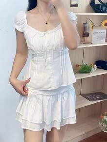 Women Y2K Button Down Shirt Cute Short Sleeve Square Neck Ruffle Trim Fitted Crop Top Retro Fairy Grunge Lace Patchwork Frilled Tees Summer Streetwear Going Out Coquette Blouse - trắng - Xem 4