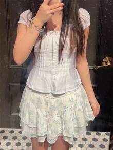 Women Y2K Button Down Shirt Cute Short Sleeve Square Neck Ruffle Trim Fitted Crop Top Retro Fairy Grunge Lace Patchwork Frilled Tees Summer Streetwear Going Out Coquette Blouse - trắng - Xem 6