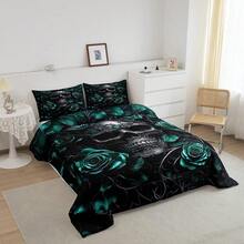 Erosebridal Gothic Bedding Set For Adluts Teens, Goth Skull Comforter Set Vintage Victorian Romantic Turquoise Rose Floral Quilt, Skeleton Boho Horror Bed Sets, Gothic Decor Pretty Room Decor, For Birthday Festival Gift, Cozy Machine Washable(Microfiber) - 綠色黑色 - 查看 4