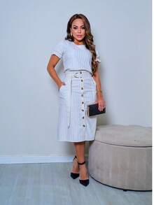 Women's Striped Linen Set Tailoring Modest Christian Evangelical Fashion - Rượu sâm banh - Xem 3