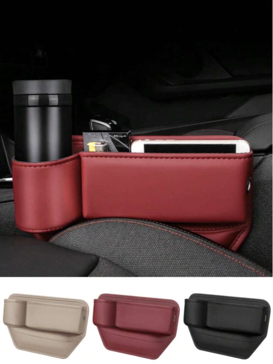 汽车座椅缝隙填充物，真皮前排座椅储物盒带杯架，可调节汽车座椅缝隙整理器，可放置手机、眼镜、钥匙，通用汽车配件，适用于大多数车型 - 多色-主駕駛位 - 查看 1