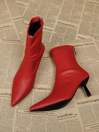 7cm High Heel Women's Ankle Boots And Short Boots, Red, Comfortable And Fashionable Pointed Toe Slim Fit Elastic Boots