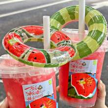 1个充气西瓜迷你游泳圈，冰淇淋杯架，奶茶杯底座，冰淇淋架，小型游泳圈玩具