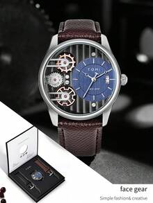 TOMI 男士干电池手表套装，高级简约旋转齿轮石英表，配有可更换表带，礼盒包装，适合日常生活、节日、圣诞节、年末等场合。