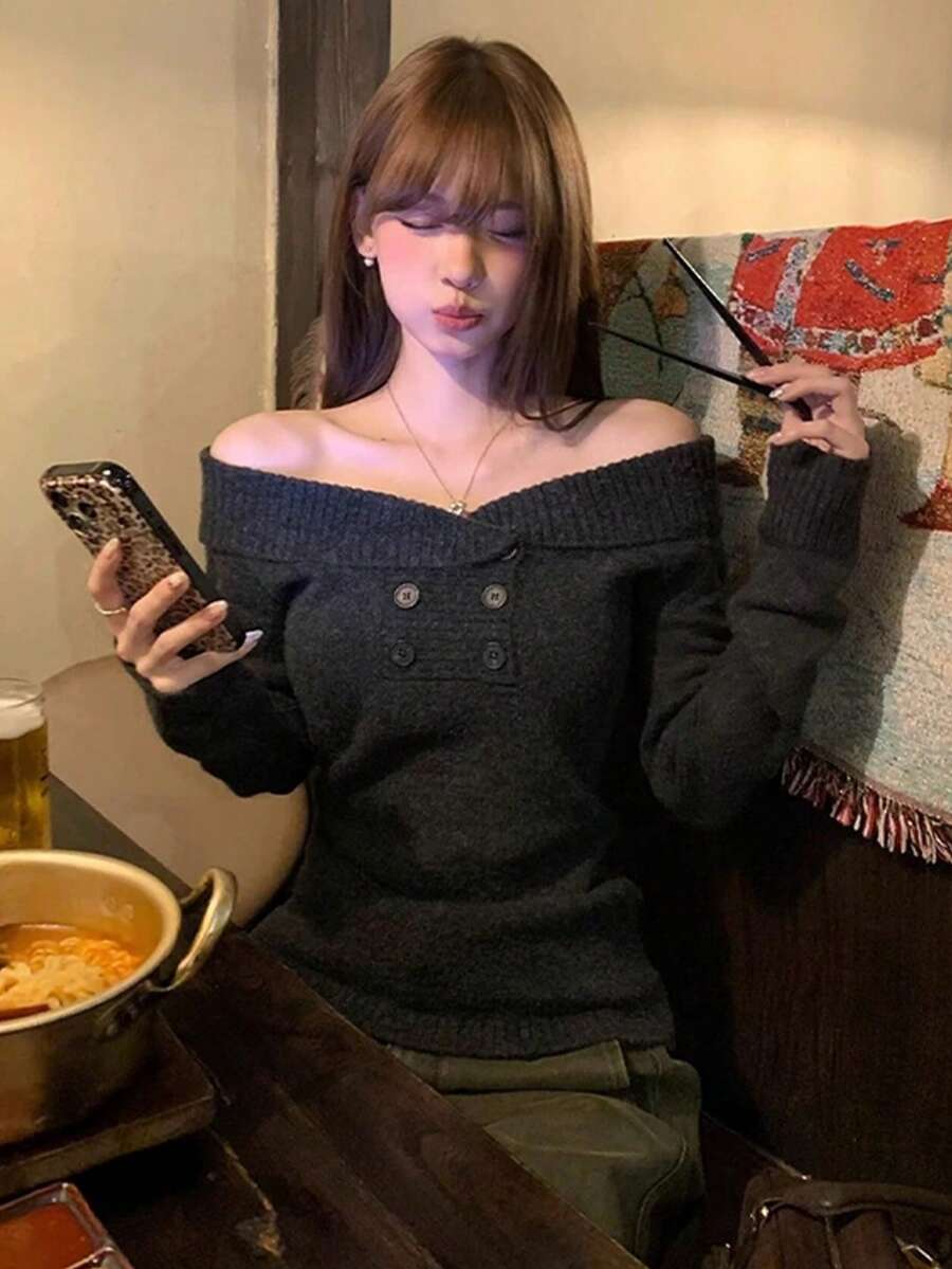 [Y6Y] 女士优雅露肩针织毛衣，长袖修身百搭套头衫