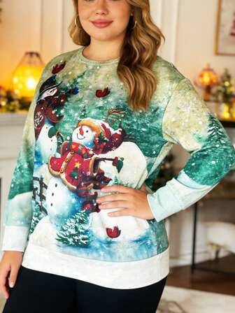 Women's Christmas Plaid Snowman Print Casual T-Shirt, Autumn/Winter