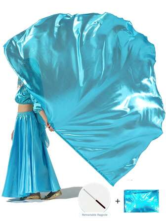 Belly Dance Shiny Satin Hand Toss Veil With Retractable Flagpole Stage Performance Prop Dance Flowing Decorative Scarf (Multiple Colors Available)