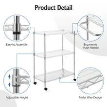 Carro utilitario de Cocina, 3 neumáticos de Metal con Ruedas y Estante de Almacenamiento Ajustable, Carrito de Almacenamiento de Alimentos de Metal Resistente con asa para Cocina, Restaurante - Plateado - Ver 5