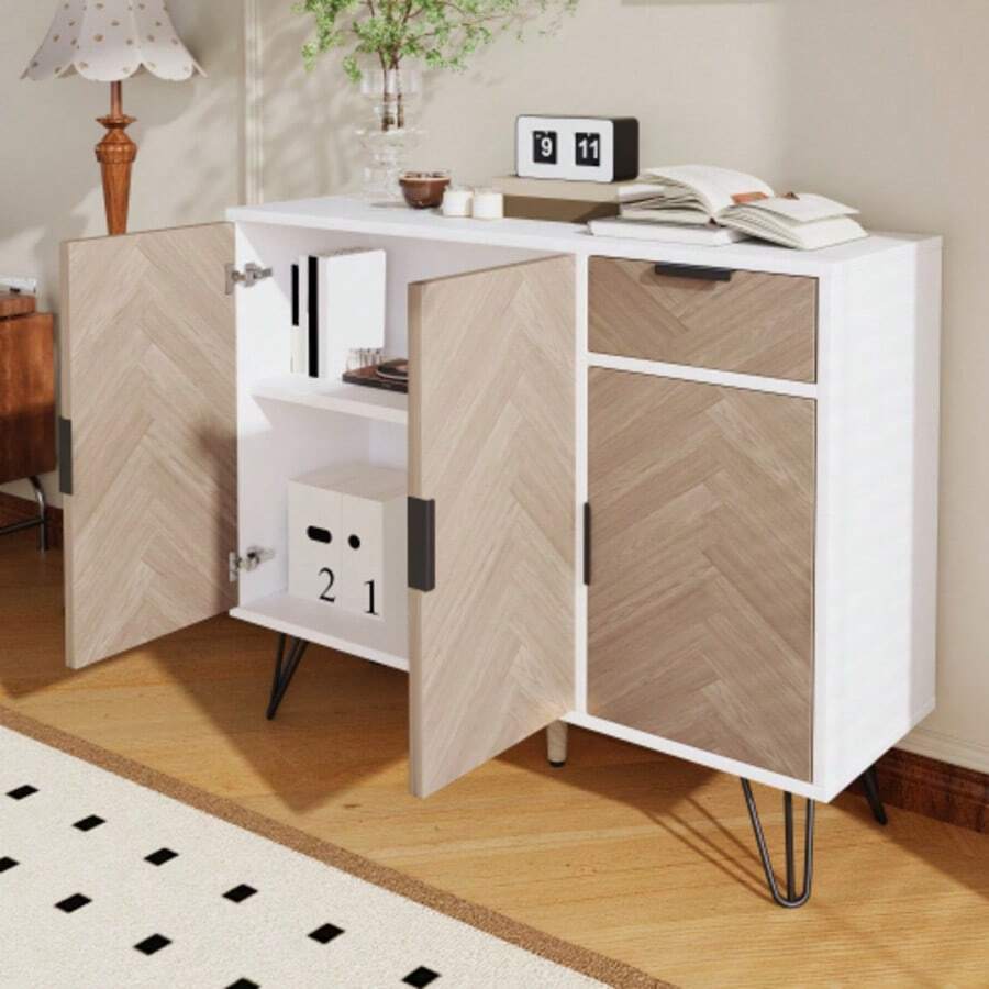 Modern Storage Cabinet, Sideboard In White And Wood Look With Drawer And Height-Adjustable Shelves (90 X 30 X 71.5 Cm) - White Wood - View 1