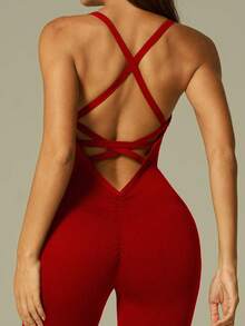 Women's Christmas Red Camisole Jumpsuit - Cross Back Slim-Fit Bodysuit, Tummy Control & Lifting Effect, Ideal For Yoga, Workout & Beach - 紅色 - 查看 2