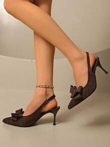 French Classic Elegant Bowknot Strap Sandals, Pointed Toe High Heels, Versatile Slip-On Sandals For Spring/Summer, Suitable For Commuting And Dresses - Coffee Brown - View 4