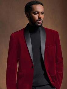 2026 Men's Casual Blazer & Pant Set  Men's 2 Piece Velvet Suit Peak Lapel One Button Slim Fit Tuxedo Blazer Party Dinner Jacket & Pants Relaxed Stretch Fit For Smart Casual Events - 紅色披肩翻領 - 查看 3