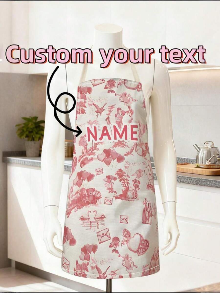 1pc Customizable Name Valentine's Day Printed Couple's Love-Filled Style Apron, Heart Angel Envelope Pattern, Durable Polyester Apron, Cooking Apron, Stylish Apron, 55x68cm - Red - View 1