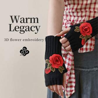 Korta, moderiktiga blommiga handskar, ny stil för höst och vinter, stickade ullärmar för kvinnor, varma halvfingerhandskar med öppet finger