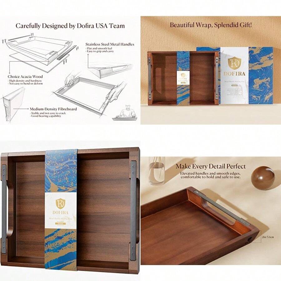 Acacia Wood Serving Tray With Metal Handles 17x13in Food Drinks Tray For Coffee Table Breakfast Dinner And Bar Rustic Decorative Storage Tray For Ottoman Kitchen Christmas Gift Packaging - Tay cầm đen01 - Xem 1