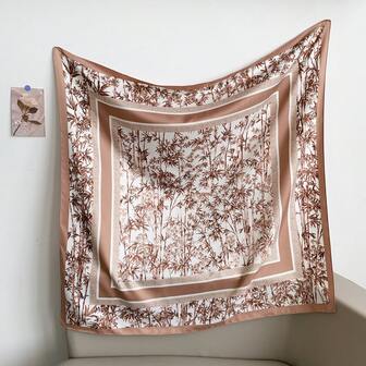 1 pieza Pañuelo cuadrado de satén de seda con estampado de bambú para mujer, accesorio versátil para el cuello/cabeza con patrón vintage oriental