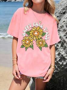 Camiseta de manga corta con cuello redondo y estampado de dibujos animados para niña preadolescente - Rosa - Ver 1