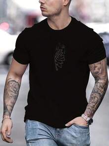 Camiseta Casual de Cuello Redondo para Hombre con Diseño de Tigre Durmiendo - Algodón Suave. Manga corta. Ajuste Regular. Comodidad para todas las estaciones. Camiseta de uso diario, estilo casual, construcción de punto. Camisetas de algodón - Negro - Ver 1