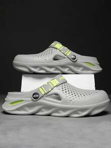 Men's Solid Color Breathable Slip-On Sandals, Comfortable Non-Slip Indoor/Outdoor Slippers, Lightweight Hollow Mesh Beach Water Shoes For Camping & Hiking - Grey - View 10