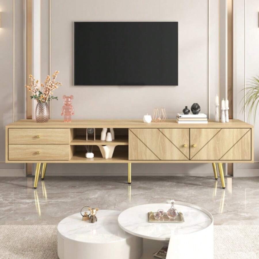TV Cabinet 160 Cm With Gold Feet, Two Drawers And Uniquely Designed Doors - Khaki - View 1
