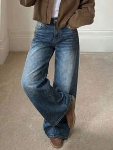 大码女式复古休闲弹力腰宽松直筒牛仔裤 春季款 - 深色水洗藍 - 查看 2