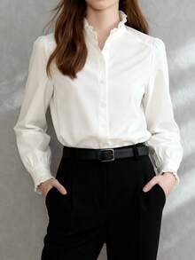 Women's Elegant White Blouse, French Ruffle Collar Solid Long Sleeve Shirt, Essential For Daily Office, Commute And Work, Versatile Collar White Shirt For All Seasons