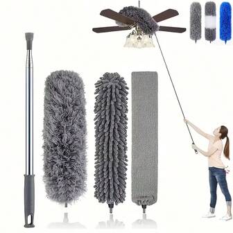 Microfiber Duster With 100.0inch Telescopic Extension Pole Kit For High Ceilings, Cleaning Fan Spider Webs, Reusable And Washable Lightweight Ceiling Fan Nets, Blinds