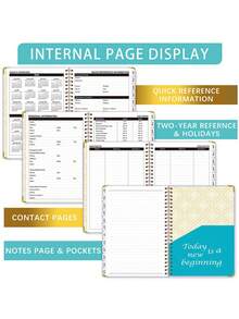 1/6本 2026 A5 螺旋笔记本，周计划本，月历和周历，粉色和金色包边，弹性封口，内袋，适合办公和学习，高容量优质加粗中性笔，1支商务办公圆珠笔，学生考试用黑色书写笔