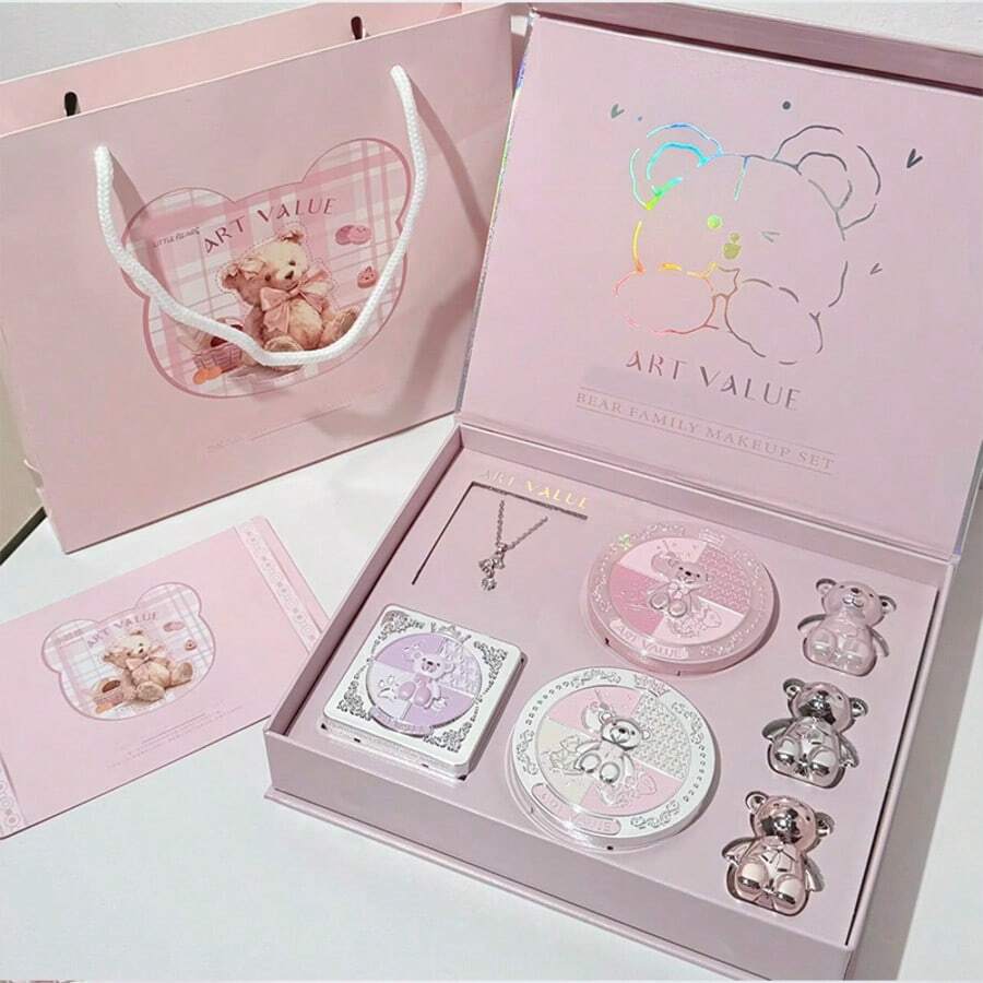 7-Piece Makeup Set Including 3 Lip Creams, 1 Powder Compact, 1 Blush, 1 Eyeshadow Palette, 1 Necklace Beauty Makeup Kit - 小熊套盒 - 查看 1