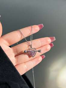 1pc Cute Pink Cupid Heart Necklace For Women, Spring - Pink - View 3