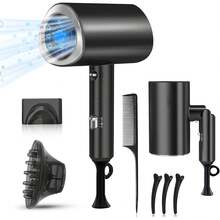 Charlemain Secadora de Cabello de Iónico Negativo, 1800W Secadora de Pelo Profesional con 3 Temperatura Ajustable, Secador de Soplado Plegable con 1 Boquilla de Cabeza Soplado y 1 Difusor (Negro) - Grisb - Ver 1