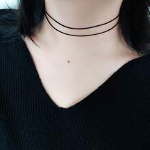 1pc Fashionable Minimalist Stainless Steel Metal & Double-Layer Wax Cord Choker Necklace For Women, Suitable For Daily Wear - Black - View 3