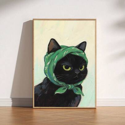 1pc Black Cat Wall Art Picture Green Headscarf Prints Canvas Paintings Cute & Mysterious Animal Posters Modern Decor For For Living Room, Bedroom, Office Room Decoration Gift For Her Unframed Or Framed