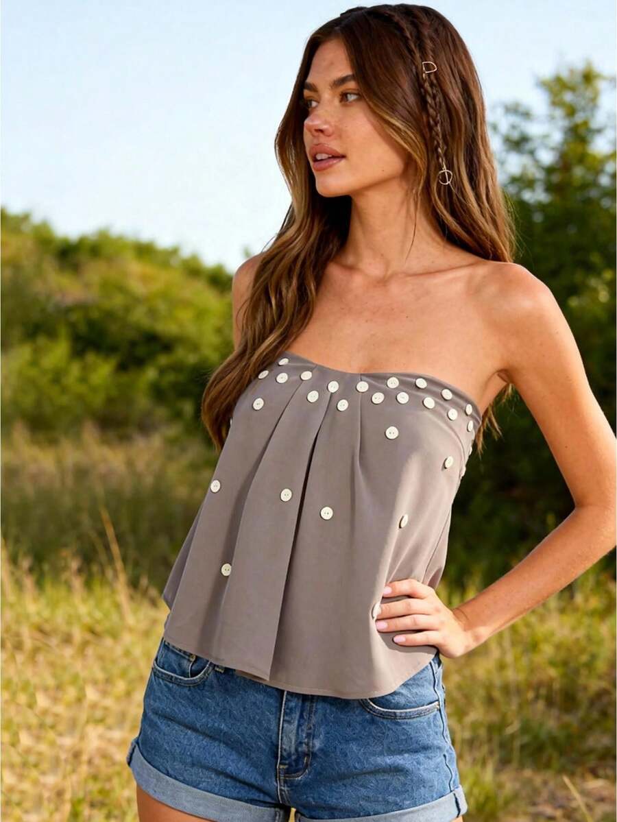 Women Strapless Babydoll Tops With Decorative Buttons Off Shoulder Sleeveless Ruffle Shirts Stylish Summer Streetwear - Grey - View 1