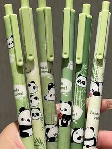 6pcs Panda & Bamboo Pattern Cute & Fashionable Push-Button Ballpoint Pens, Minimalist Design, Durable, Suitable For Girls, Black Ink - Black - View 2