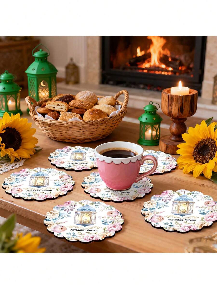 4Pcs Wooden Coaster Set, Ramadan Kareem, Desktop Decorations, Suitable For Ramadan, Eid Party Decorations