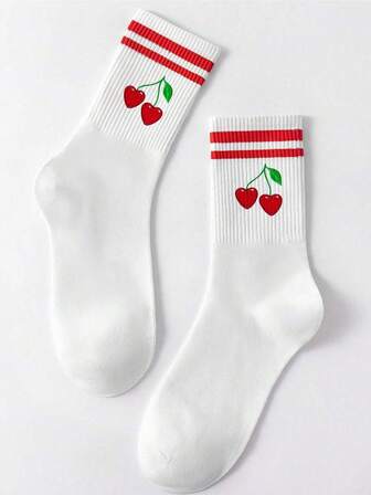 1 Pair Color Ladies' Style Red Cherry Green Leaf Pattern / Cherry Leopard Pattern Bow And Other Pattern Ladies' Socks, White Double-Striped Socks, Loose Fit, Suitable For Both Men And Women, Invisible Socks, Sweat-Absorbing, Breathable And Quick-Drying, Sporty And Casual Style, Suitable For Daily Wear / As A Party Gift / Easter / Holiday Gift / Summer Style.