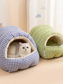 PETSIN 舒适冬季格子宠物洞穴床 - 可拆卸多功能保暖猫狗窝，蓝绿格子