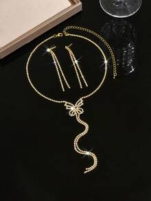 Elegant Long Tassel Jewelry Set, Lovely Bow Tie Necklace And Earrings, Suitable For Valentine's Day Wear And Gift, Party And Banquet Wear - Silver - View 9