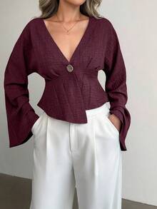 Doriss Asymmetric Button-Up Bell-Sleeve V-Neck Cinching Waist Shirt, Spring & Summer, Valentine's Day, Elegant Ladies, Summer Holiday Outfits, Weddings & Events, Going Out Outfits, Vacation Outfits Women, Beach Outfits For Women, Spring Break Outfits - Burgundy - View 6