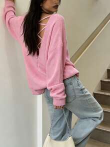 Women's New V-Neck Crossed Strap Long Sleeve Sweater, Fashion Casual Minimalist Sexy Versatile Knit Top For Parties, Autumn/Winter - Pink - View 6