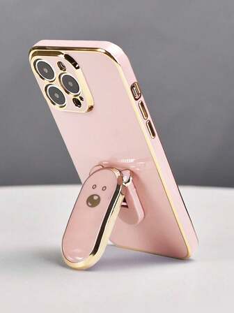 1pc Electroplated Cute Bear Phone Holder, Electroplated Phone Case With Hidden Stand, Shock-Proof Ultra-Thin Protective Case, Camera Lens Protection, Soft Phone Cover Compatible With IPhone/OPPO