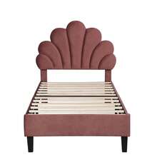 Upholstered Children's Bed 90 X 200 Cm, Bed Frame With Flower-Shaped Headboard And Slatted Base, Teen Girl's Bed In Skin-Friendly Velvet Fabric, Guest Bed (Color: Bean Red) - 西瓜粉 - 查看 3