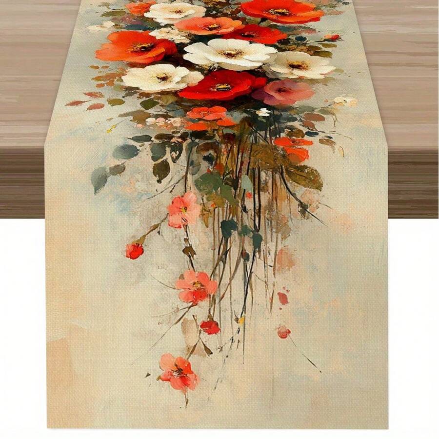 1pc French-Style Red-Orange Floral Table Runner - Elegant Bloom Accent For Dining Tables, Weddings, Parties - Realistic Flower Design, Durable Decor For /Outdoor French Country Table Setting - Multicolor - View 1