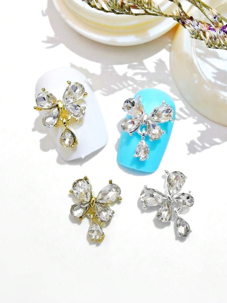 5pcs Rhinestone Butterfly Pendant Nail Art Decorations, 3D Metal Crystal Glass Nail Jewelry DIY Accessories Suitable For Girls And Women Nails - Multicolor - View 1