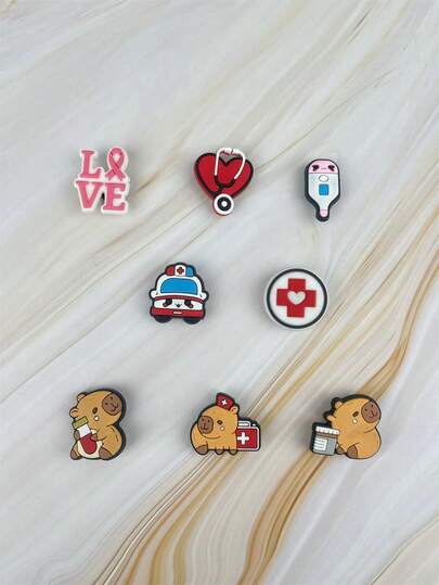 8pcs/Set Cute Medical Theme Cartoon Pattern Sandal Charms & Bracelet Accessories DIY Combo, Suitable For Slippers, Phone Decoration, Gifts For Couples, Birthdays, Holidays