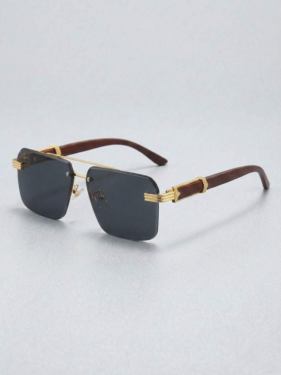 1pc Rimless Square Metal Frame Fashionable Fashion Glasses For Men, Essential For Driving And Casual Outfits - 金框全灰片 - 查看 1