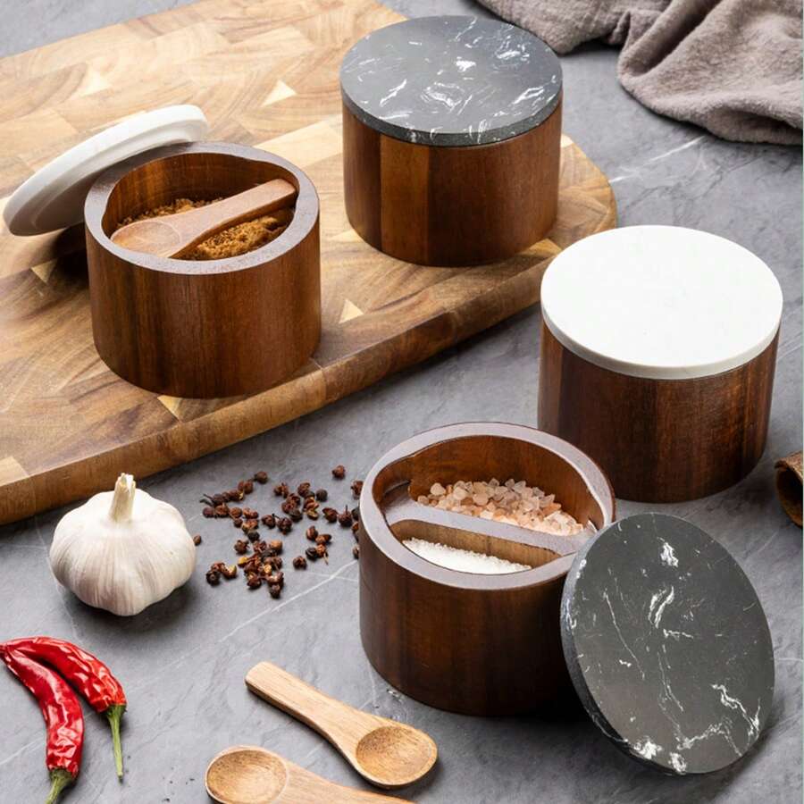 1pc Wooden Salt Cellar With Spoon, Kitchen Marble Lid Seasoning Box, Moisture-Proof Spice Storage Container - Multicolor - View 1