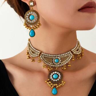 1 Set de Collar y Aretes de Metal para Mujer con Estilo Vintage de Palacio, Estilo Árabe, Incrustado de Rhinestones Completo, Formas Redonda y de Lágrima, Adecuado para Banquetes, Fiestas y Uso en Días Festivos